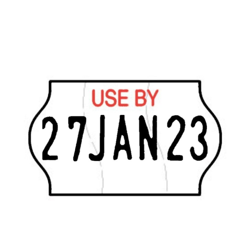 Tamper Proof 18x11mm Meto USE BY in Red Text, Freezer Grade Label with date