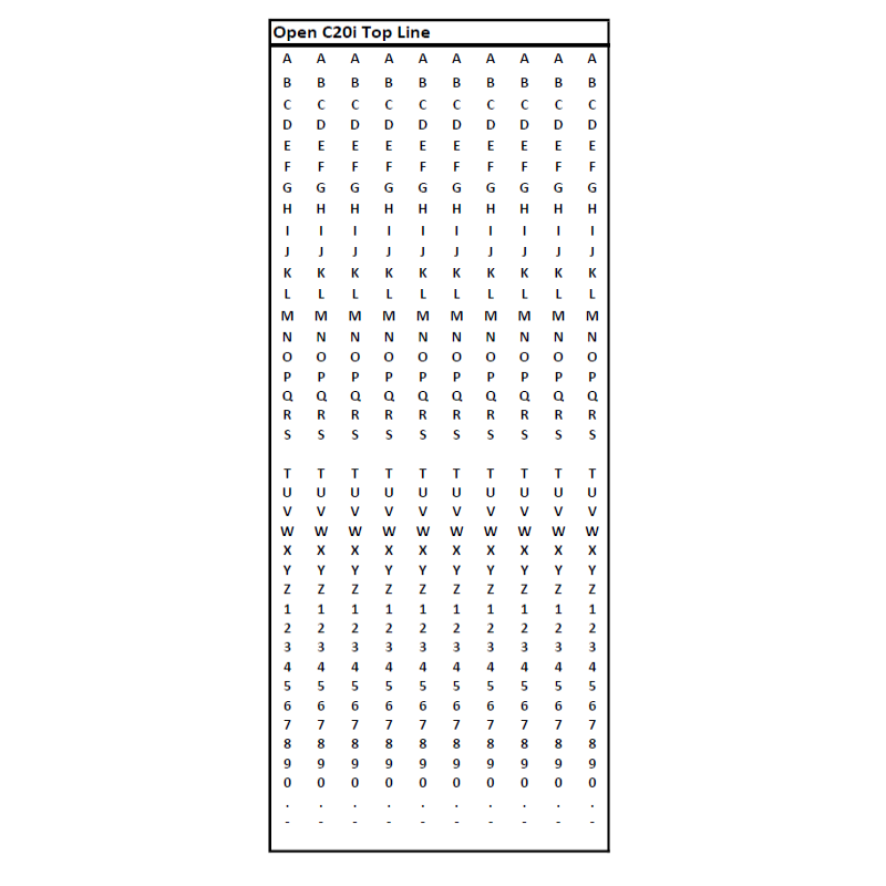 Open C20i Two-Line Full Alphabet and Numeric Gun Band Layout for Top Line