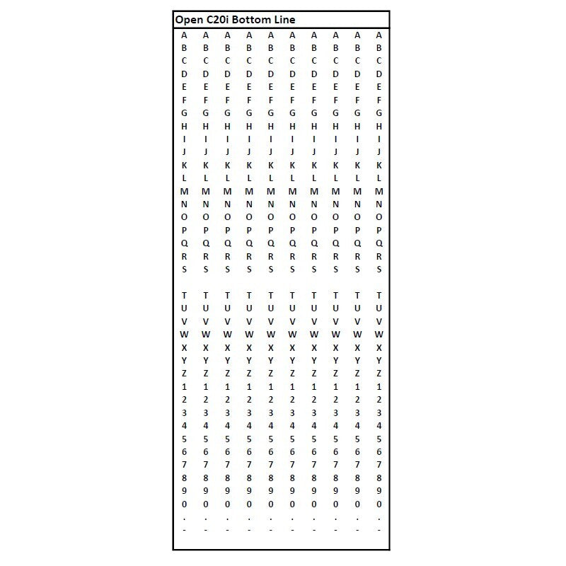 Open C20i Two-Line Full Alphabet and Numeric Gun Band Layout for Bottom Line