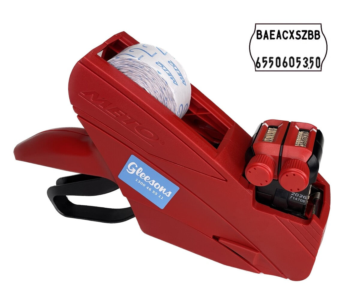 Meto 2026 RedStar Two-Line Full Alphabet Price and Date Gun with label